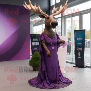 Purple Irish Elk mascot costume character dressed with a Evening Gown and Belts