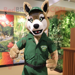 Forest Green Dingo mascot costume character dressed with a Oxford Shirt and Suspenders