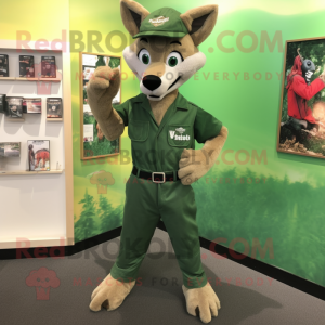 Forest Green Dingo mascot costume character dressed with a Oxford Shirt and Suspenders