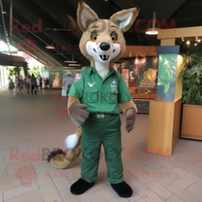 Forest Green Dingo mascot costume character dressed with a Oxford Shirt and Suspenders