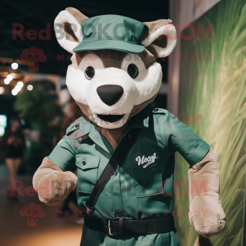 Forest Green Dingo mascot costume character dressed with a Oxford Shirt and Suspenders