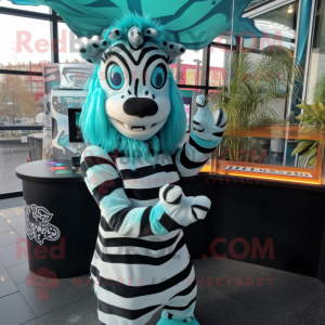 Teal Zebra mascot costume character dressed with a Wrap Dress and Hairpins