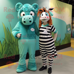 Teal Zebra mascot costume character dressed with a Wrap Dress and Hairpins