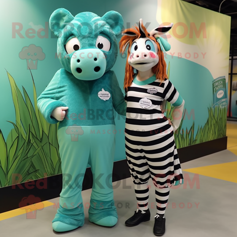 Teal Zebra mascot costume character dressed with a Wrap Dress and Hairpins Teal Zebra mascot costume character dressed with a Wrap Dress and Hairpins