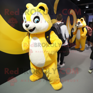 Yellow Skunk mascot costume character dressed with a Jumpsuit and Backpacks