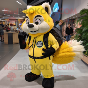 Yellow Skunk mascot costume character dressed with a Jumpsuit and Backpacks