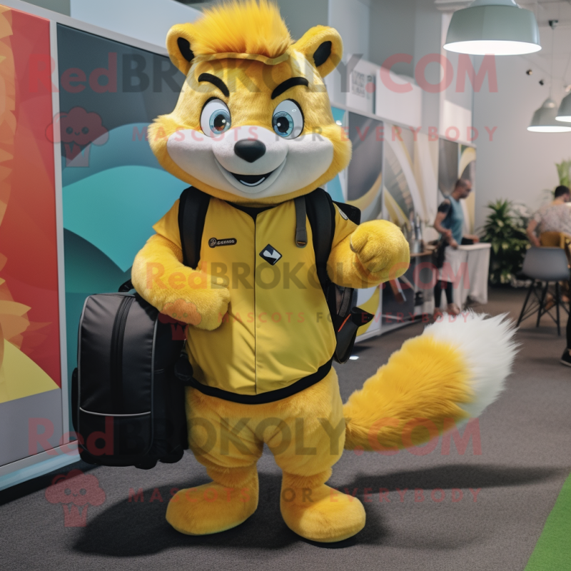 Yellow Skunk mascot costume character dressed with a Jumpsuit and Backpacks Yellow Skunk mascot costume character dressed with a Jumpsuit and Backpacks