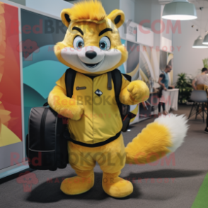 Yellow Skunk mascot costume character dressed with a Jumpsuit and Backpacks