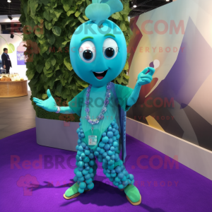 Turquoise Grape mascot costume character dressed with a Graphic Tee and Necklaces