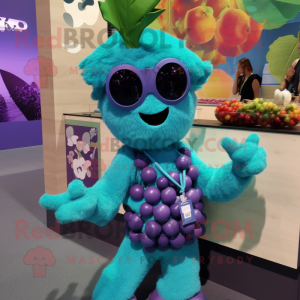 Turquoise Grape mascot costume character dressed with a Graphic Tee and Necklaces