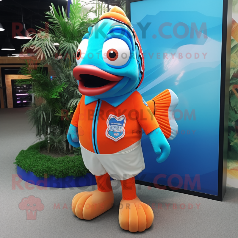 Cyan Clown Fish mascot costume character dressed with a Polo Tee and Wallets