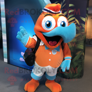 Cyan Clown Fish mascot costume character dressed with a Polo Tee and Wallets