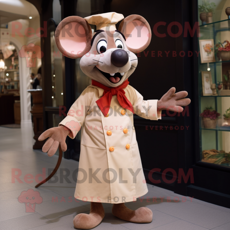 Tan Ratatouille mascot costume character dressed with a Dress and Bow ties Tan Ratatouille mascot costume character dressed with a Dress and Bow ties
