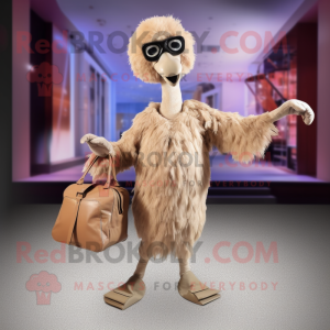 Tan Ostrich mascot costume character dressed with a Jumpsuit and Clutch bags