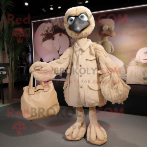 Tan Ostrich mascot costume character dressed with a Jumpsuit and Clutch bags