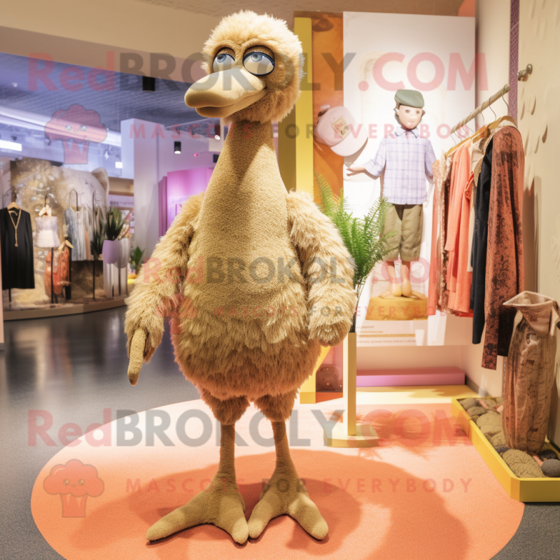 Tan Ostrich mascot costume character dressed with a Jumpsuit and Clutch bags Tan Ostrich mascot costume character dressed with a Jumpsuit and Clutch bags