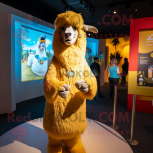 Gold Llama mascot costume character dressed with a Jumpsuit and Shawls