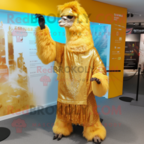 Gold Llama mascot costume character dressed with a Jumpsuit and Shawls