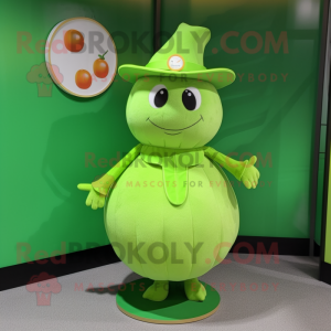 Lime Green Apricot mascot costume character dressed with a Skirt and Hat pins
