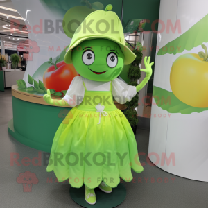 Lime Green Apricot mascot costume character dressed with a Skirt and Hat pins