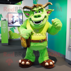 Lime Green Minotaur mascot costume character dressed with a Henley Tee and Messenger bags