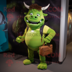 Lime Green Minotaur mascot costume character dressed with a Henley Tee and Messenger bags