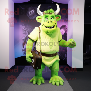 Lime Green Minotaur mascot costume character dressed with a Henley Tee and Messenger bags