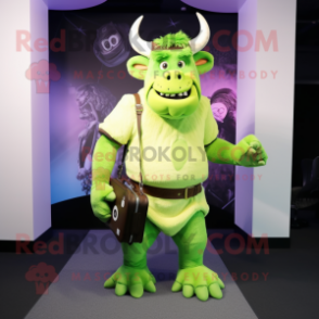 Lime Green Minotaur mascot costume character dressed with a Henley Tee and Messenger bags