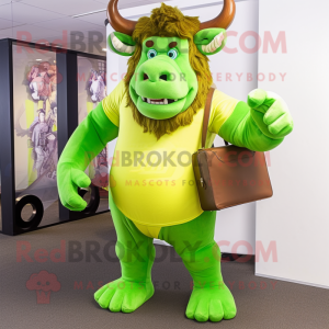 Lime Green Minotaur mascot costume character dressed with a Henley Tee and Messenger bags