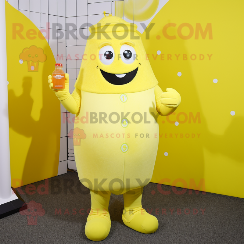 Lemon Yellow Bottle Of Milk mascot costume character dressed with a Turtleneck and Suspenders