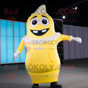 Lemon Yellow Bottle Of Milk mascot costume character dressed with a Turtleneck and Suspenders