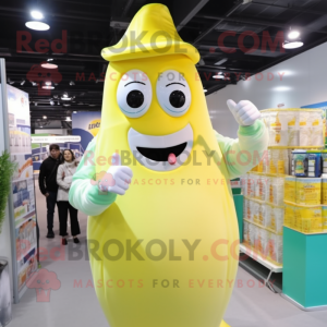 Lemon Yellow Bottle Of Milk mascot costume character dressed with a Turtleneck and Suspenders