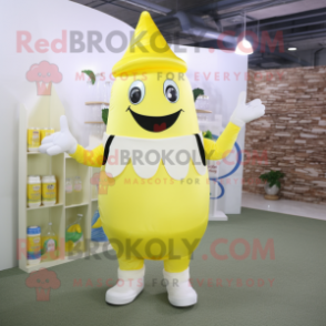 Lemon Yellow Bottle Of Milk mascot costume character dressed with a Turtleneck and Suspenders