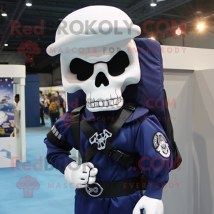 Navy Skull mascot costume character dressed with a Jumpsuit and Backpacks