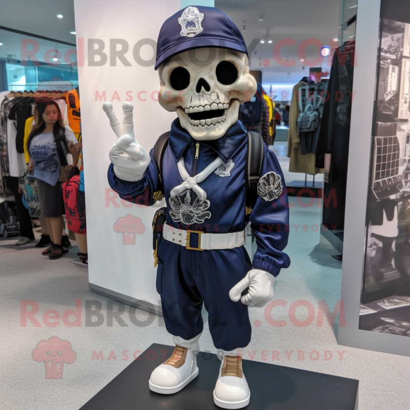 Navy Skull mascot costume character dressed with a Jumpsuit and Backpacks