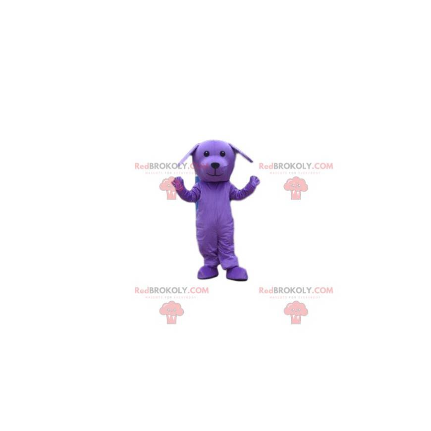 Fioletowy pies maskotka, fioletowy kostium, fioletowe zwierzę -