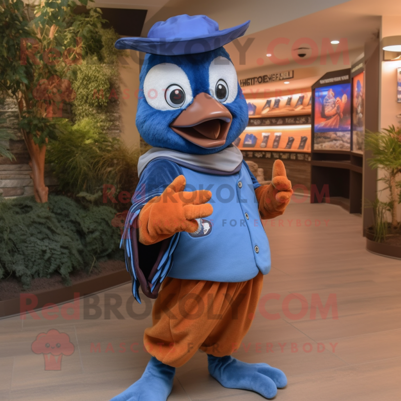 Rust Blue Jay mascot costume character dressed with a Cover-up and Wraps