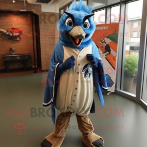 Rust Blue Jay mascot costume character dressed with a Cover-up and Wraps