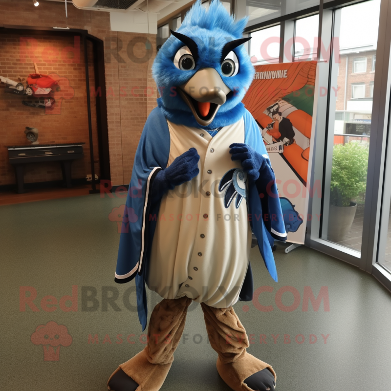 Rust Blue Jay mascot costume character dressed with a Cover-up and Wraps Rust Blue Jay mascot costume character dressed with a Cover-up and Wraps