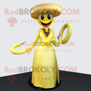 Lemon Yellow Snake mascot costume character dressed with a Midi Dress and Hat pins