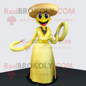 Lemon Yellow Snake mascot costume character dressed with a Midi Dress and Hat pins