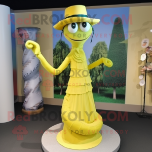 Lemon Yellow Snake mascot costume character dressed with a Midi Dress and Hat pins