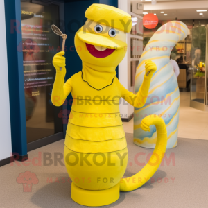 Lemon Yellow Snake mascot costume character dressed with a Midi Dress and Hat pins