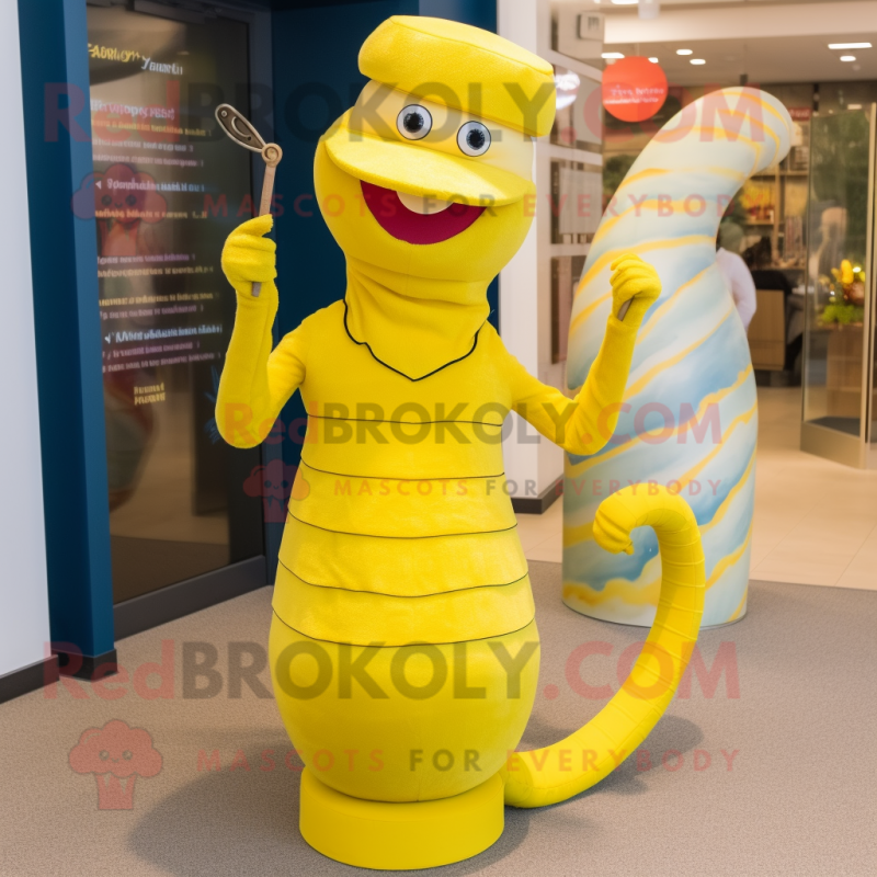 Lemon Yellow Snake mascot costume character dressed with a Midi Dress and Hat pins Lemon Yellow Snake mascot costume character dressed with a Midi Dress and Hat pins