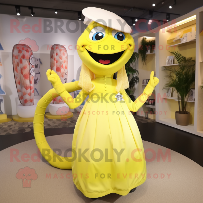 Lemon Yellow Snake mascot costume character dressed with a Midi Dress and Hat pins Lemon Yellow Snake mascot costume character dressed with a Midi Dress and Hat pins