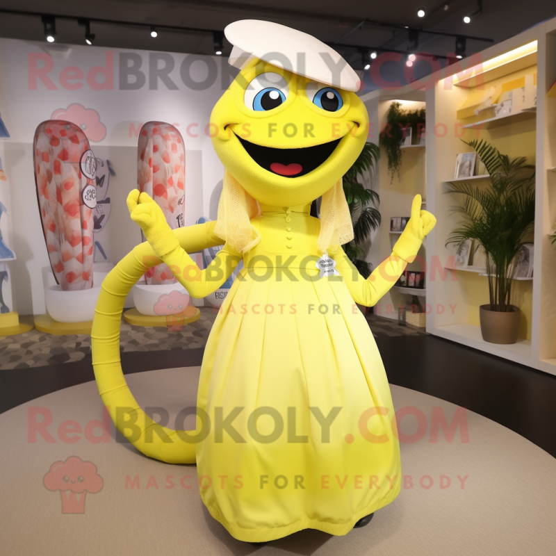 Lemon Yellow Snake mascot costume character dressed with a Midi Dress and Hat pins