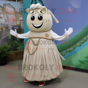 Beige Turnip mascot costume character dressed with a Circle Skirt and Bracelets