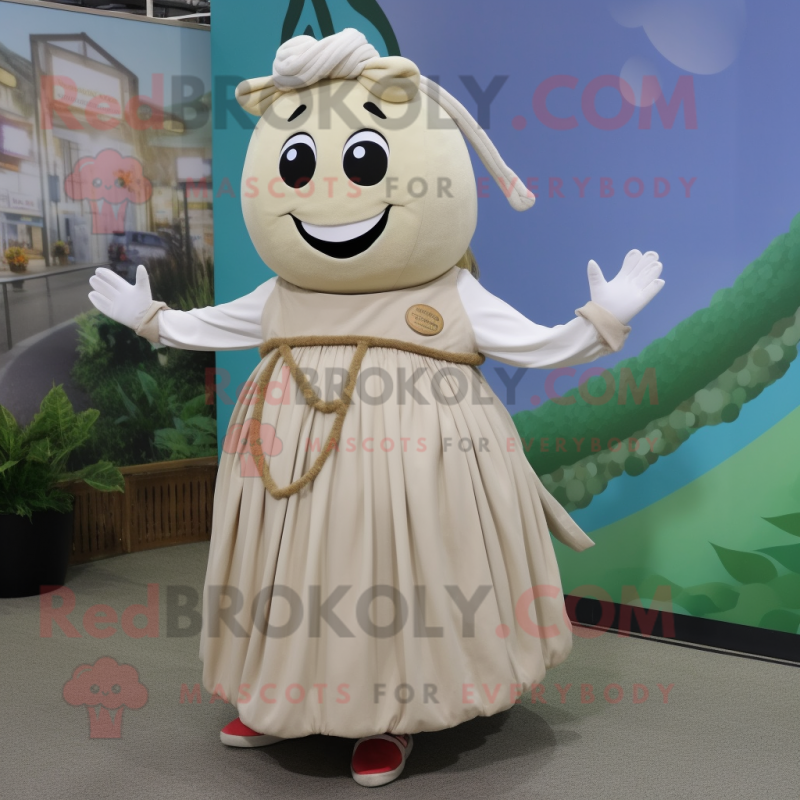 Beige Turnip mascot costume character dressed with a Circle Skirt and Bracelets