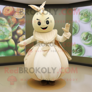 Beige Turnip mascot costume character dressed with a Circle Skirt and Bracelets