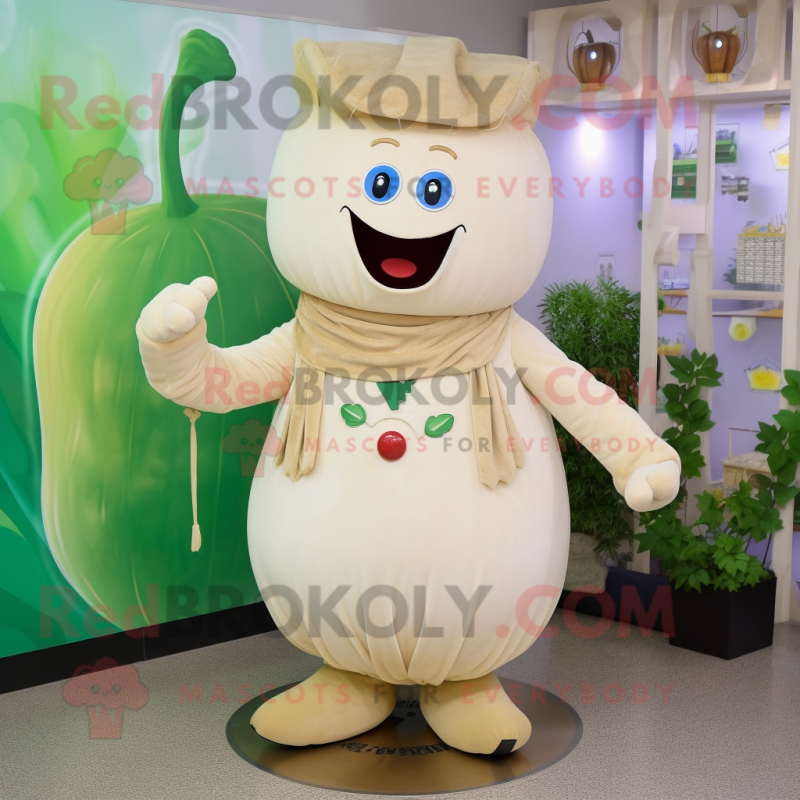 Beige Turnip mascot costume character dressed with a Circle Skirt and Bracelets Beige Turnip mascot costume character dressed with a Circle Skirt and Bracelets